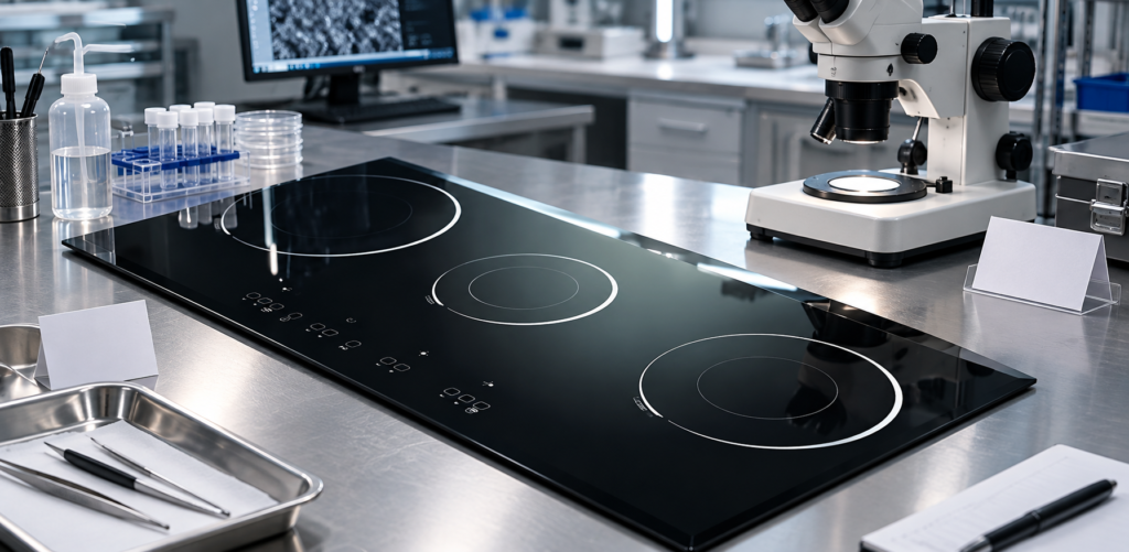 infrared cooker glass thermal shock test — glossy black three-zone cooktop panel