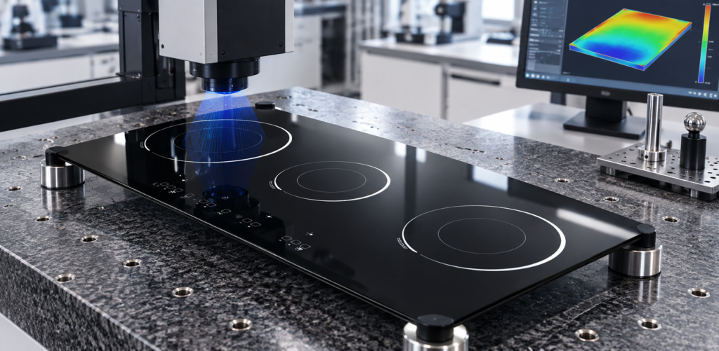 infrared cooker glass flatness tolerance — glossy black three-zone cooktop panel