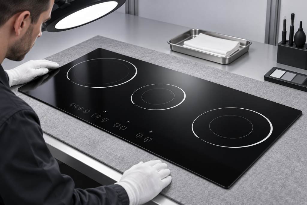 infrared cooker glass optical inspection — glossy black three-zone cooktop panel