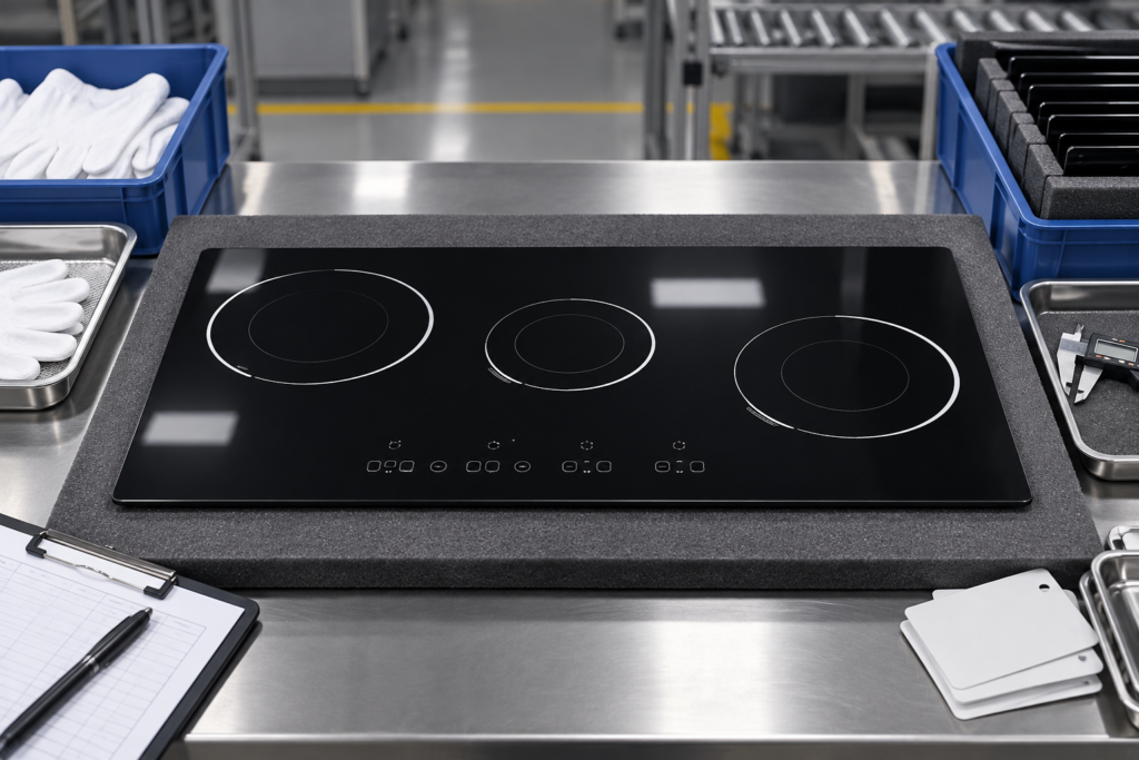 infrared cooker glass incoming inspection AQL — glossy black three-zone cooktop panel