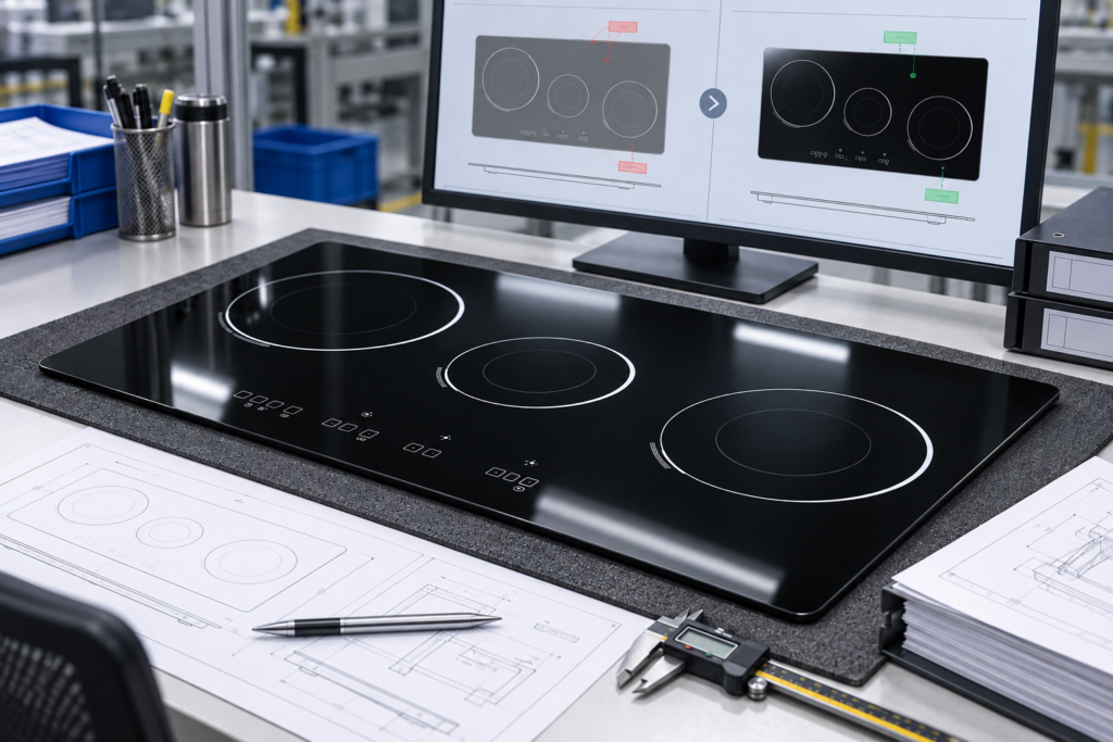 infrared cooker glass drawing revision control — glossy black three-zone cooktop panel