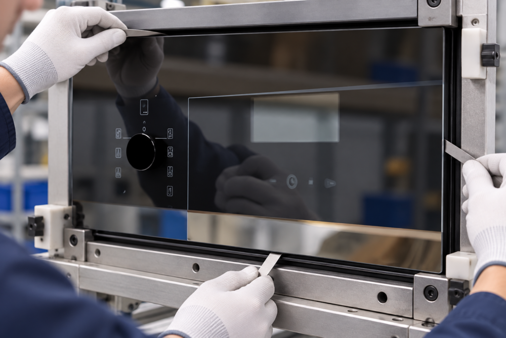 oven door glass mounting clearance design — dark smoke-gray oven glass panel in an engineering fixture