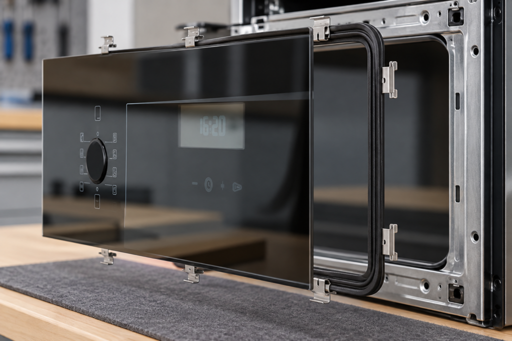 oven door glass sealing interface design — dark smoke-gray oven glass panel in an engineering fixture