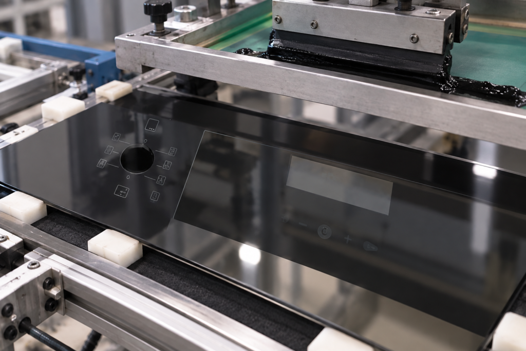 oven door glass screen printing durability — dark smoke-gray oven glass panel in an engineering fixture