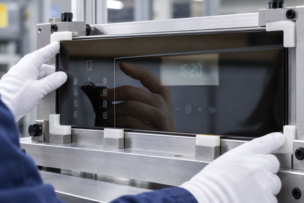 appliance control panel glass mounting clearance design — smoke-gray control panel glass in a bezel-clearance fixture