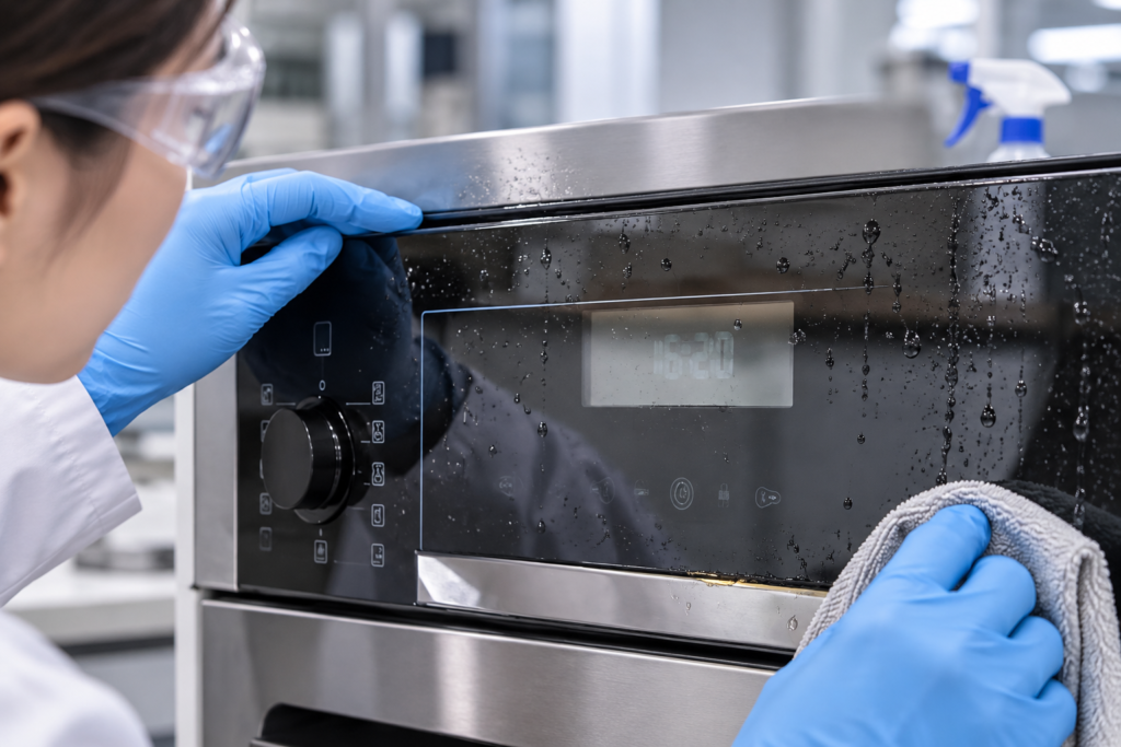appliance control panel glass sealing interface design — smoke-gray control panel glass in a bezel-clearance fixture