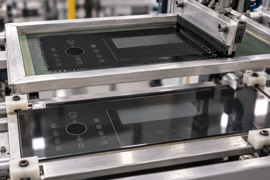 appliance control panel glass screen printing durability — smoke-gray control panel glass in a bezel-clearance fixture