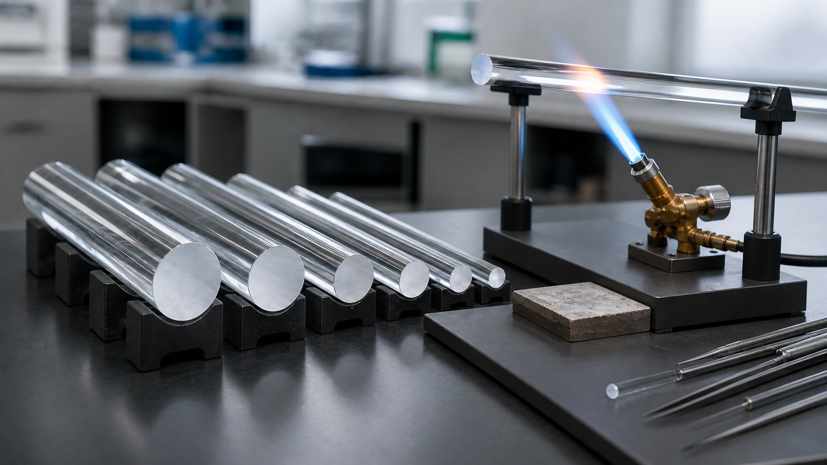 Solid borosilicate glass rod being formed with controlled heating