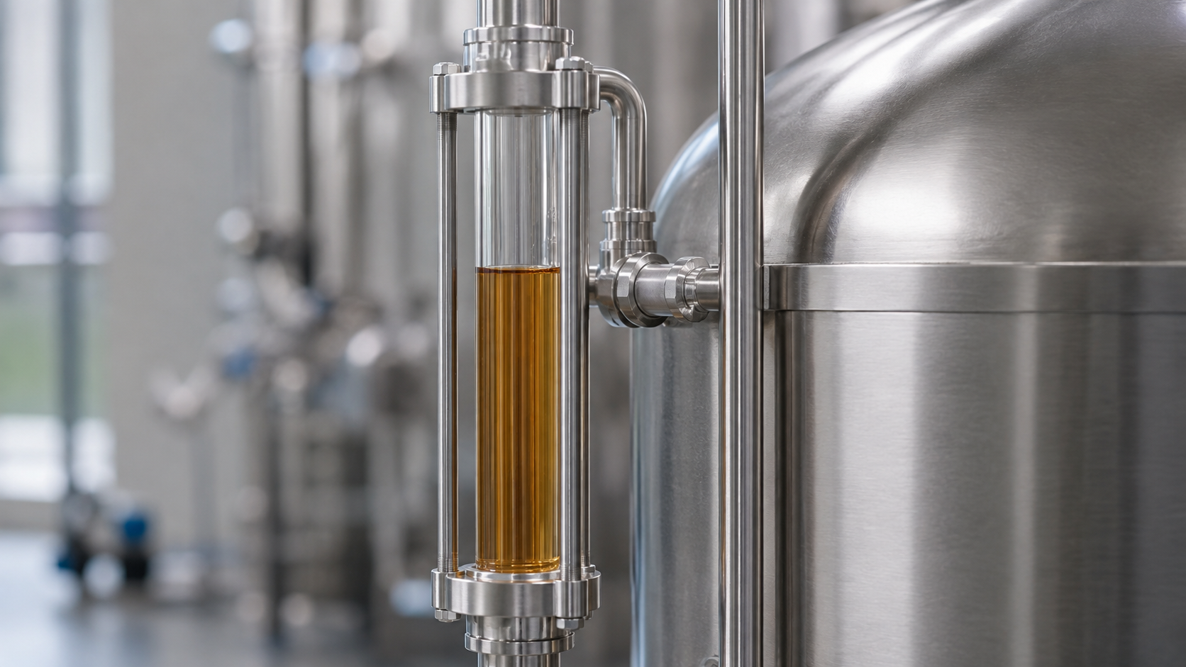 Brew kettle with a sanitary sight glass installed for liquid observation