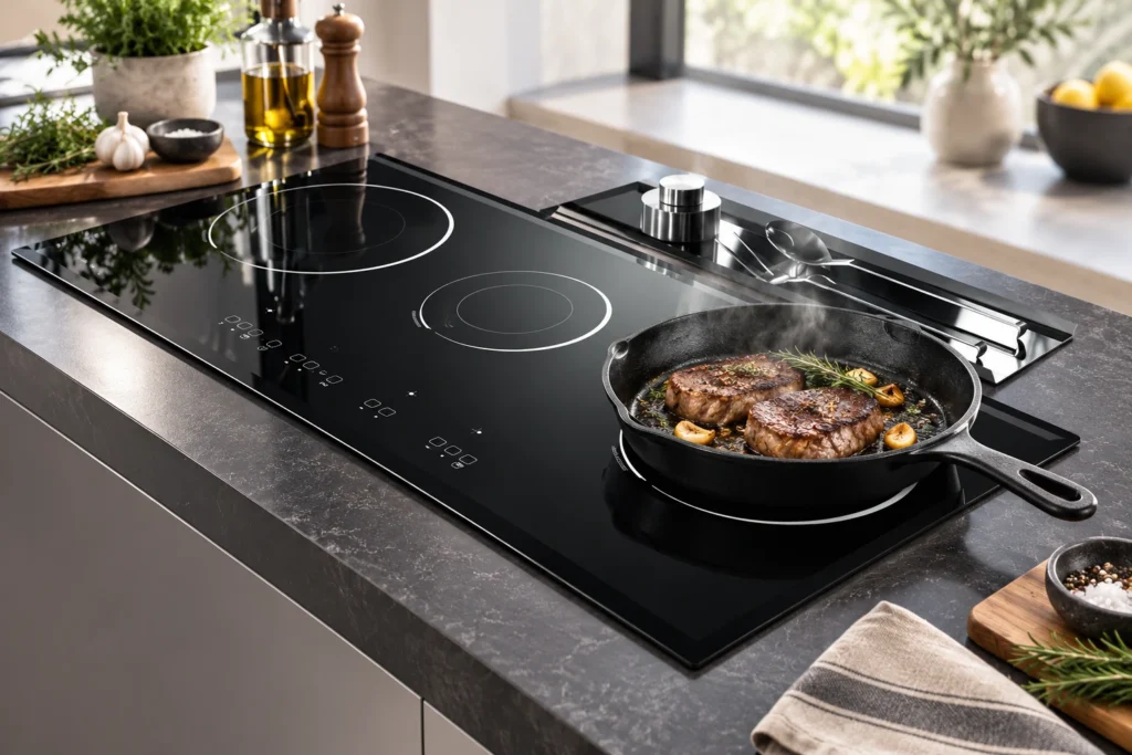 Cast Iron on Glass Cooktop: Compatibility, Handling and Heating Limits — black glass-ceramic reference illustration