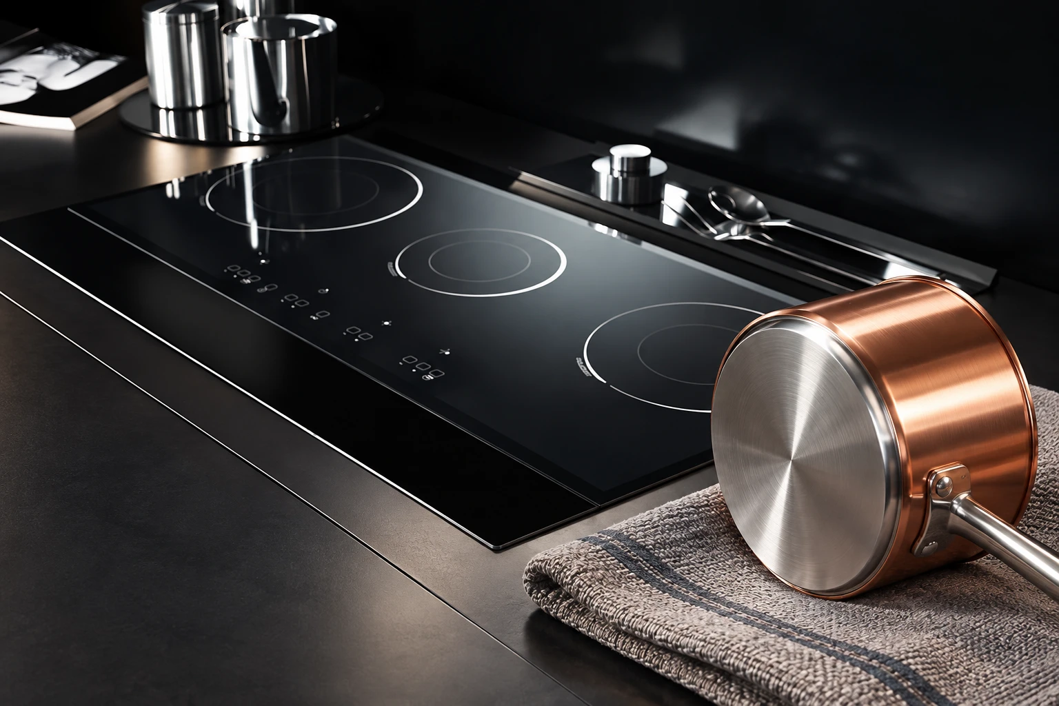 Illustrative copper-coloured saucepan showing a steel base beside black glass hob