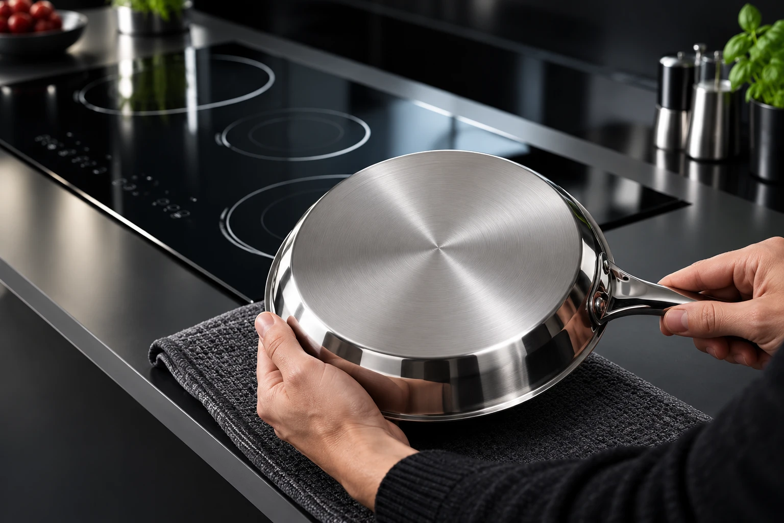 Cool stainless pan underside inspected by hand on a padded counter