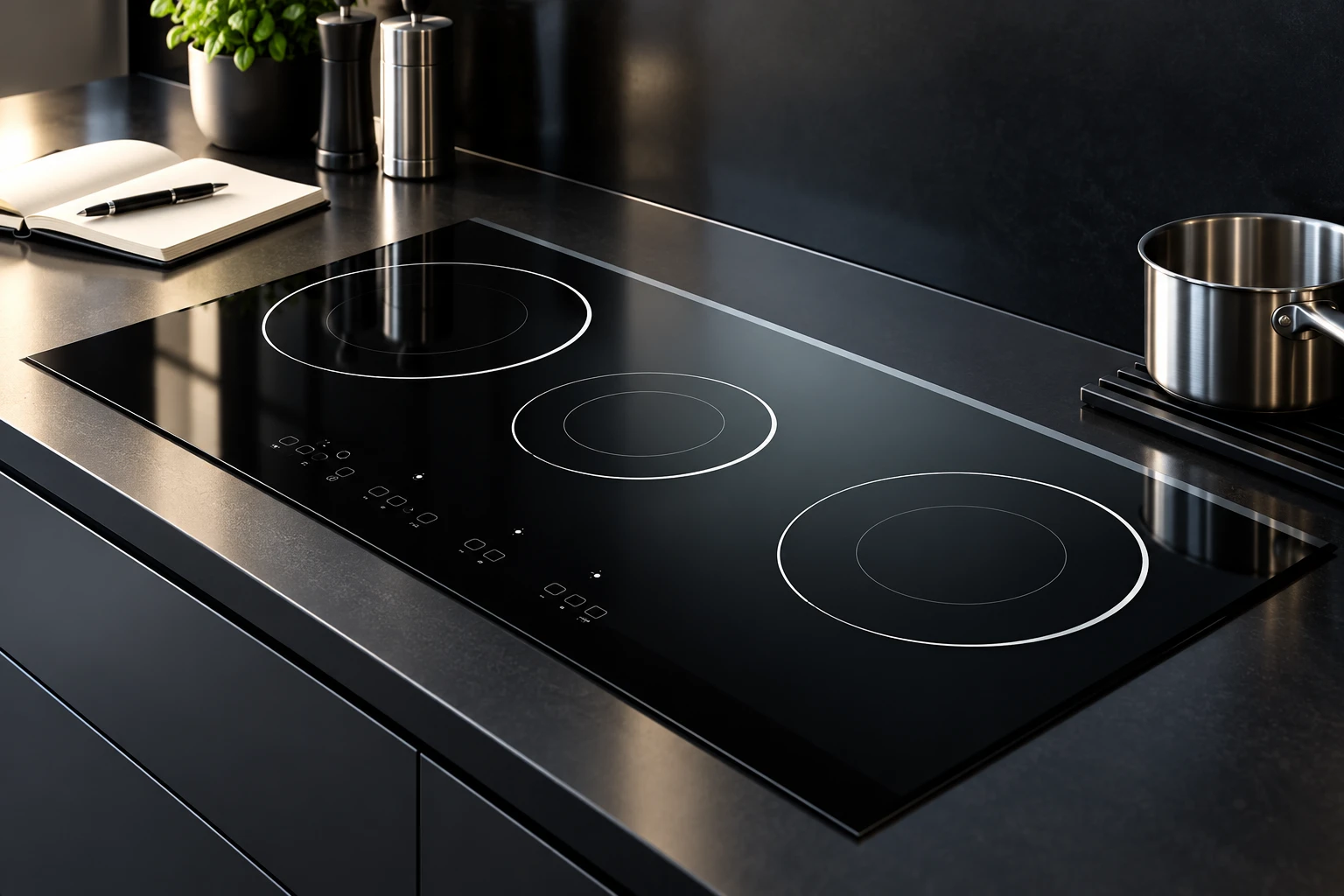 Empty switched-off black glass cooktop beside a pan on a separate counter trivet