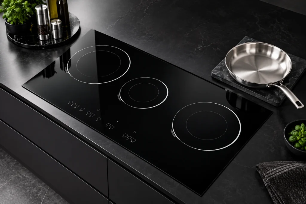 Empty Pan on Induction Hob: What to Do After Accidental Heating — reference-based black glass-ceramic illustration