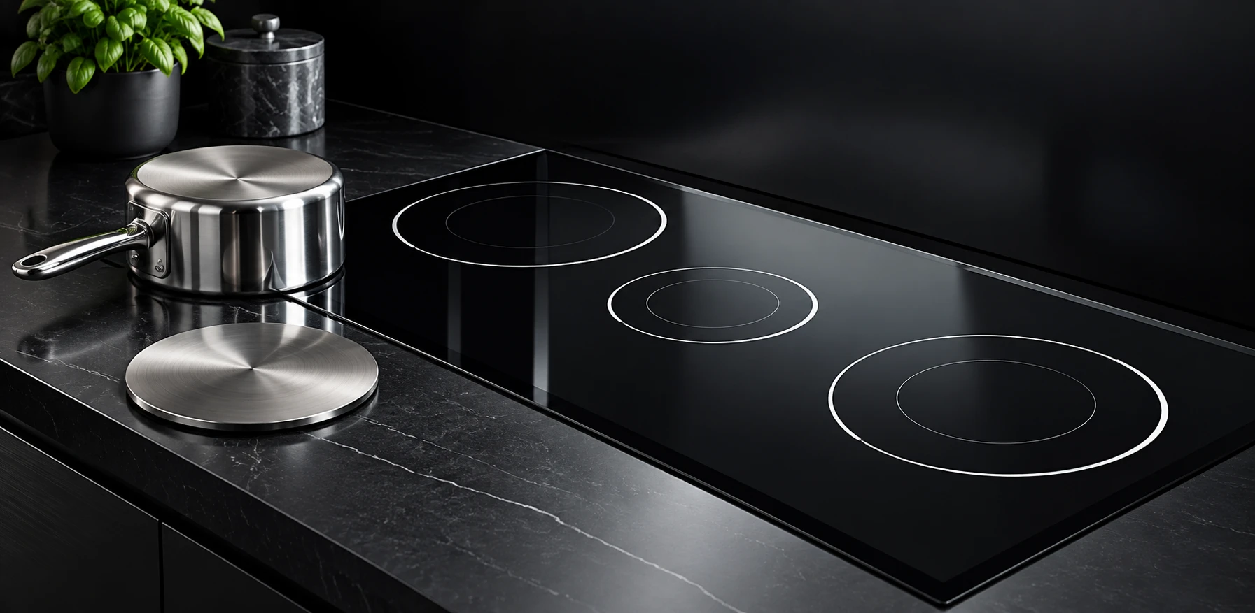 Metal converter disc and cookware base near an unpowered black cooking panel