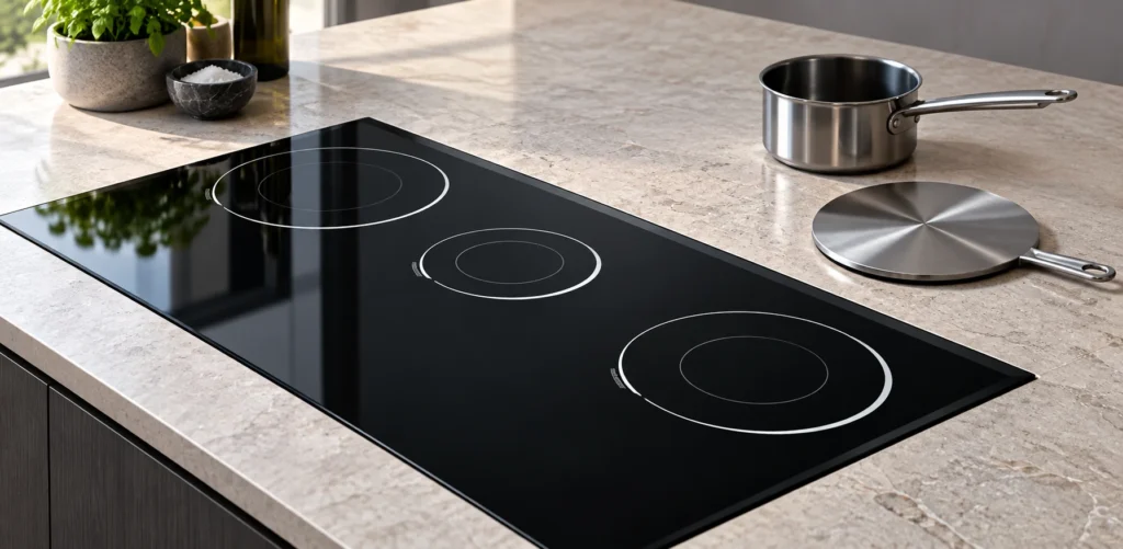 A converter disc beside a saucepan on the counter next to a cold black glass-ceramic hob