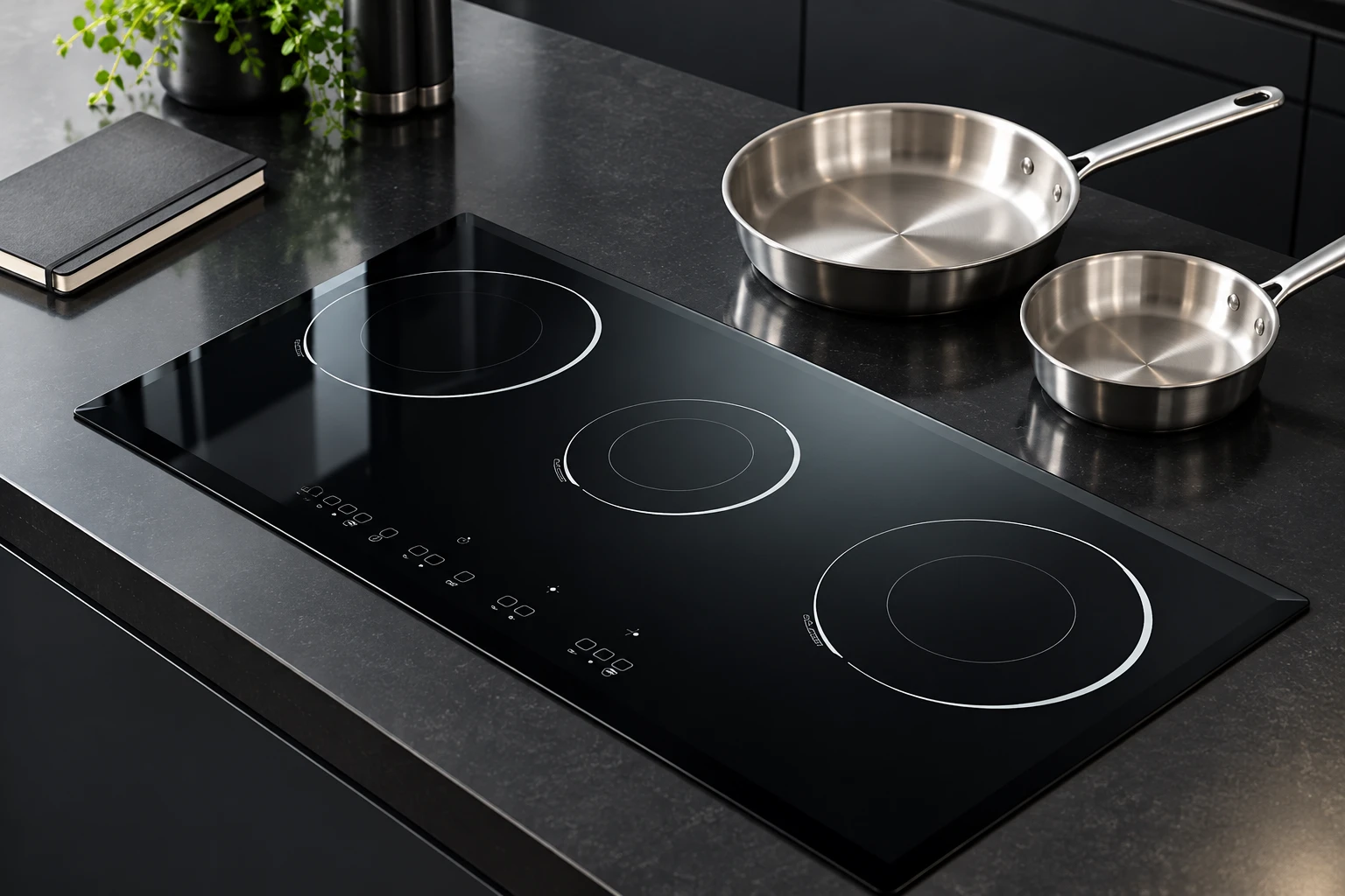 Two aluminium pans on the counter beside the reference-based black glass surface