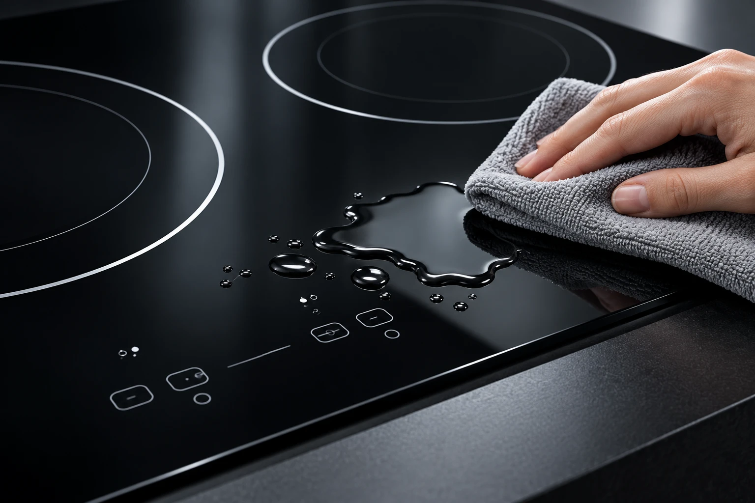 Dry soft cloth wiping cool black glass near water on the control area