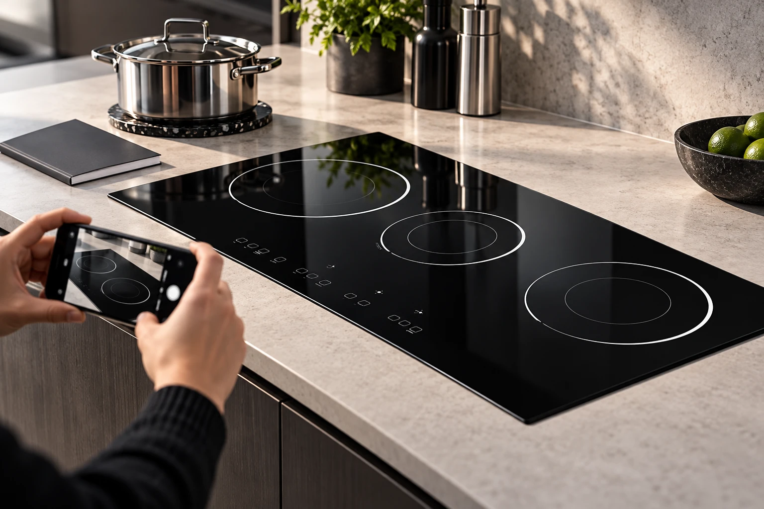 Dry black glass cooktop photographed after cleaning with cookware safely on the counter