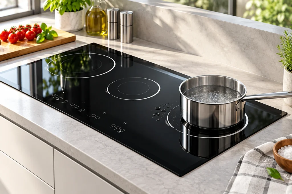 Induction Hob Boil Over: Safe Checks Before Cleaning and Restarting — reference-based black glass-ceramic illustration