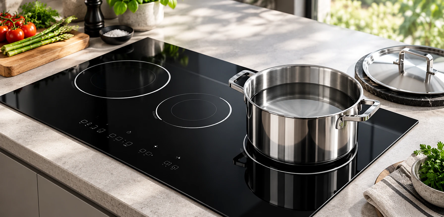 Stainless pan containing water centered on black glass with a lid on the counter