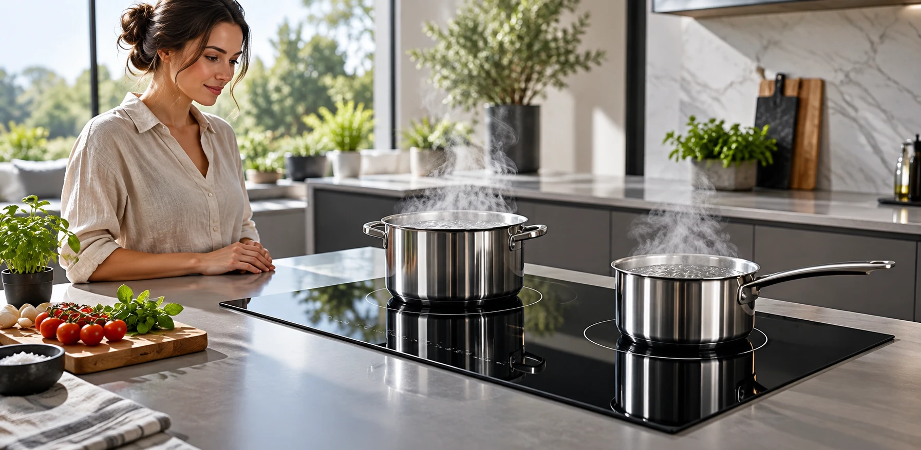 Two stainless pans on separate cooking zones with a person supervising water heating