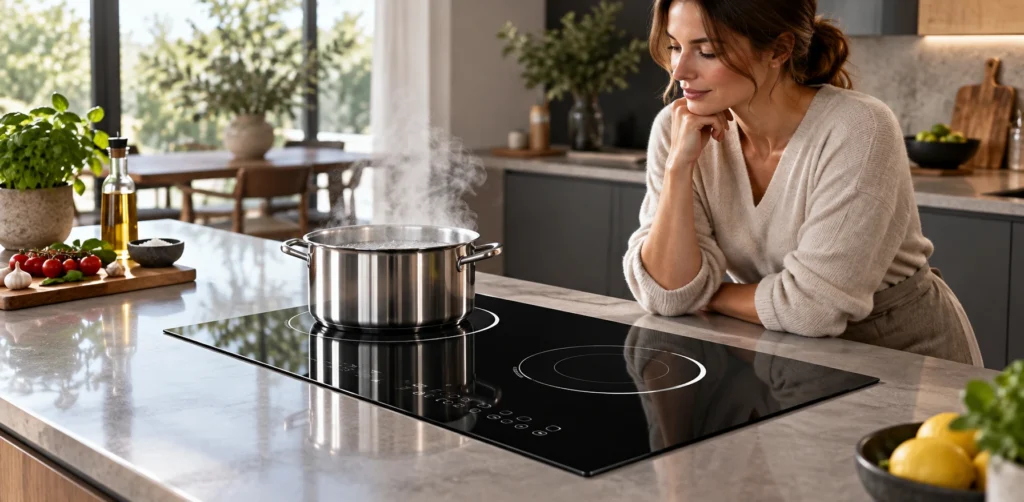 Induction Hob Boost Function: When Extra Power Helps and When to Reduce It — reference-based black glass-ceramic illustration