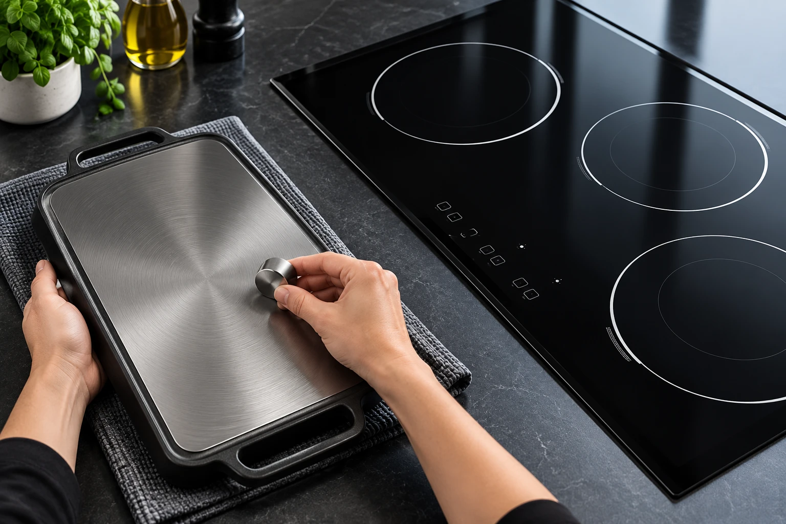 Magnet screening on the underside of a cool rectangular griddle beside black cooktop glass