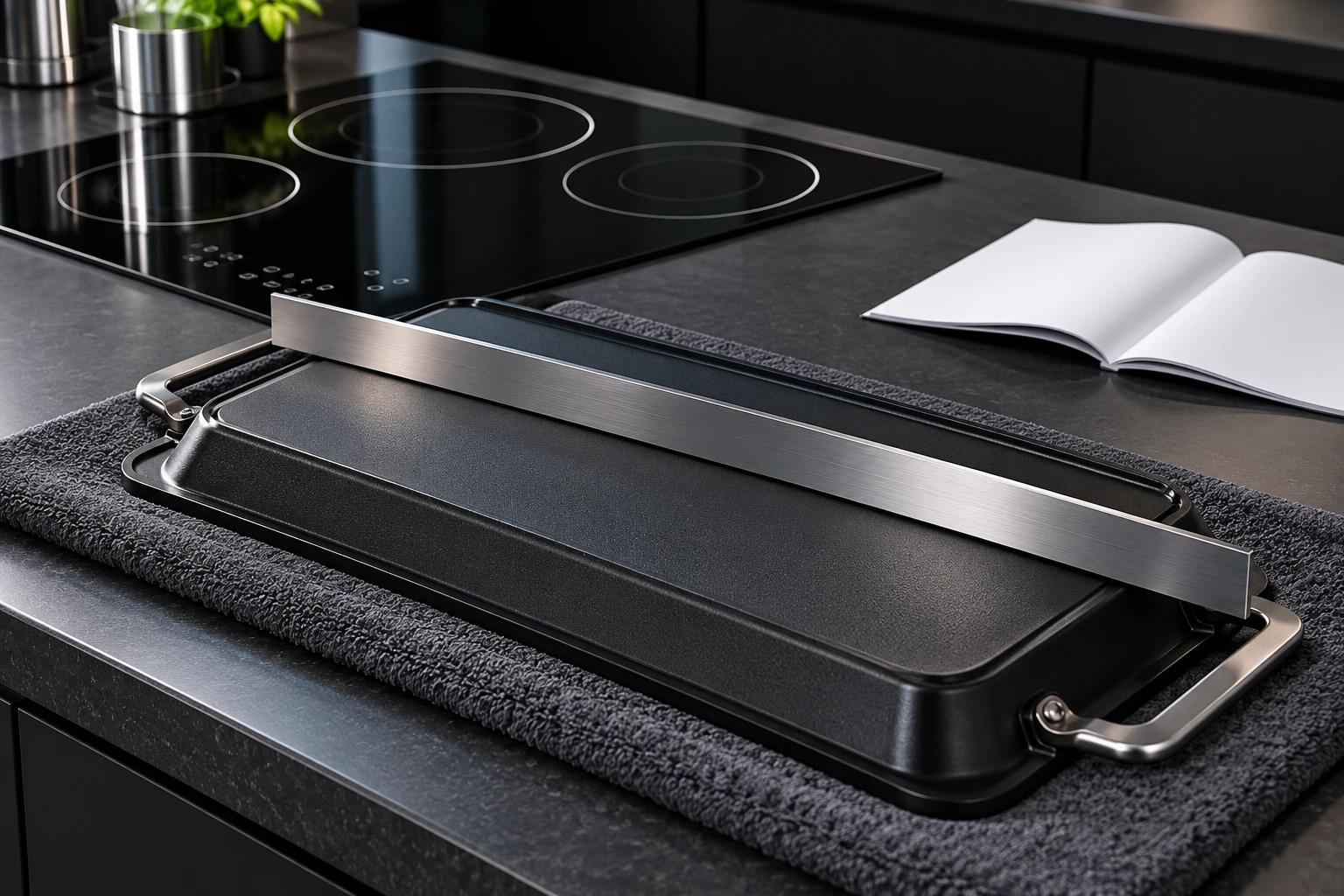 Griddle and straightedge prepared on a padded counter before a cookware geometry review