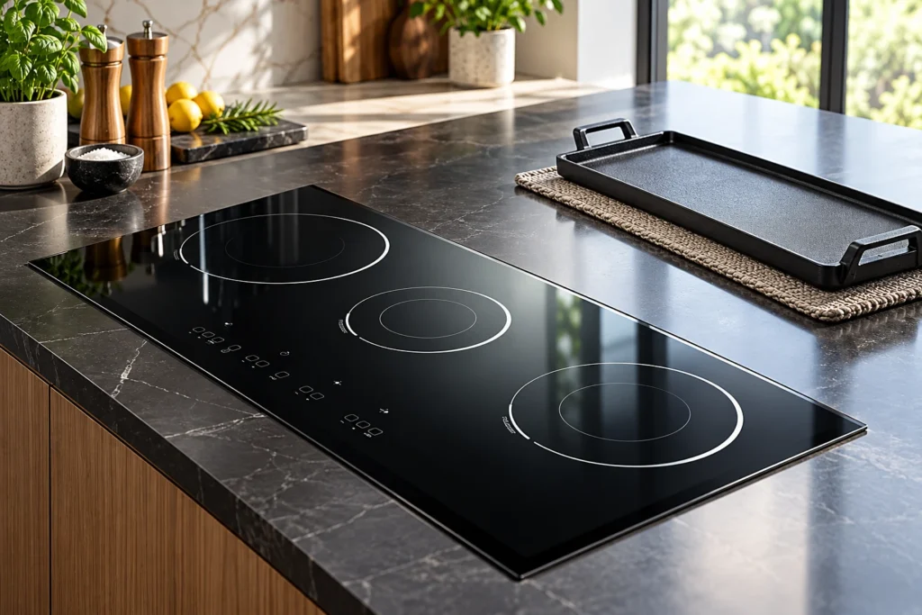 Induction Hob Bridge Function: Match Long Cookware to the Right Zones — reference-based black glass-ceramic illustration