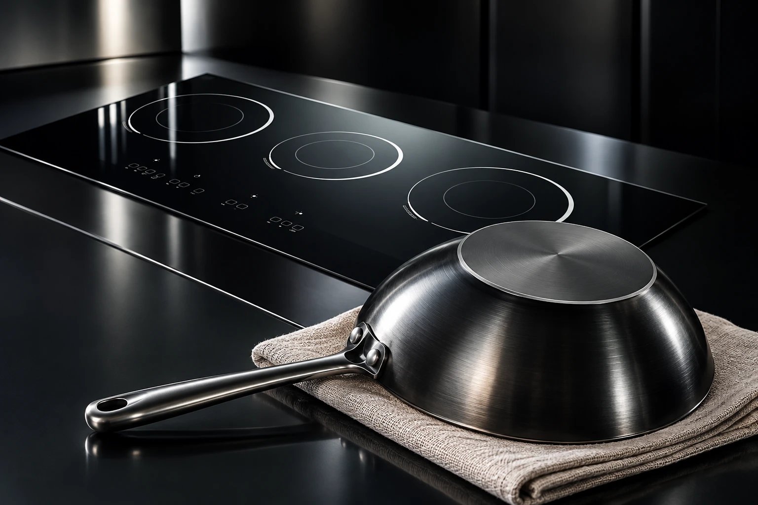 Carbon steel wok flat underside inspected beside the reference-based panel
