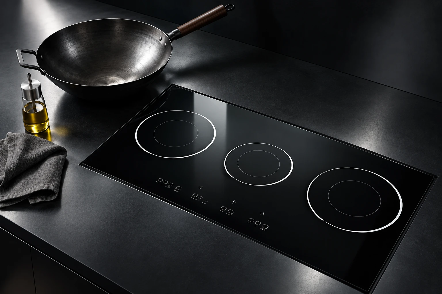 Cold wok care materials kept separately beside the reference-based panel