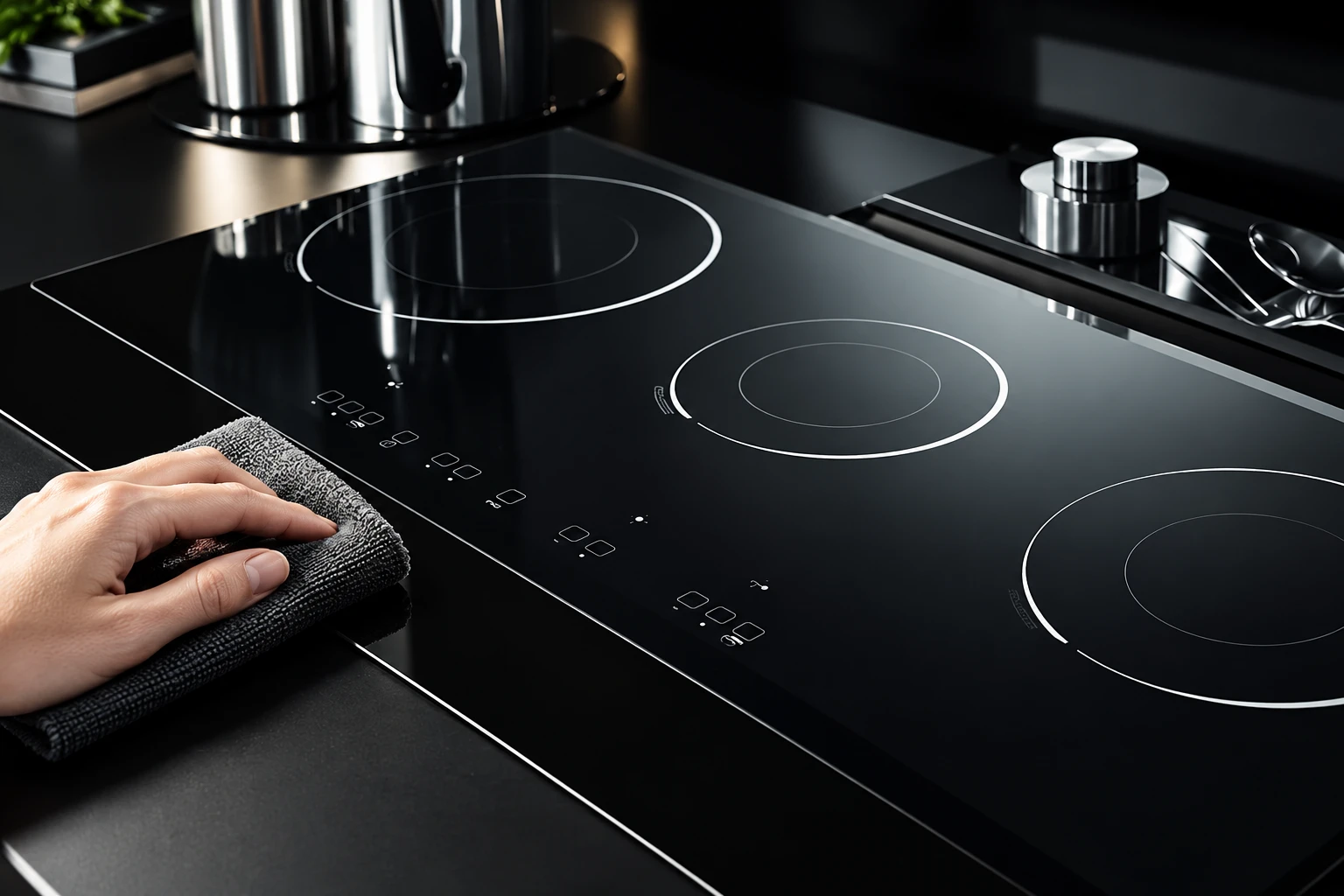 Dry cloth cleaning the cool touch-control area of a black glass-ceramic hob