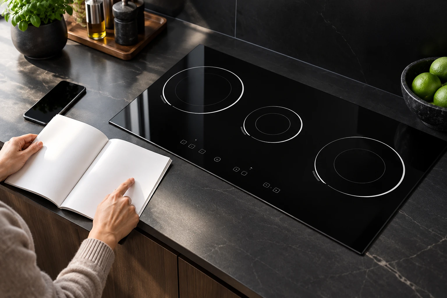 Adult checking an instruction booklet beside an empty black glass-ceramic hob