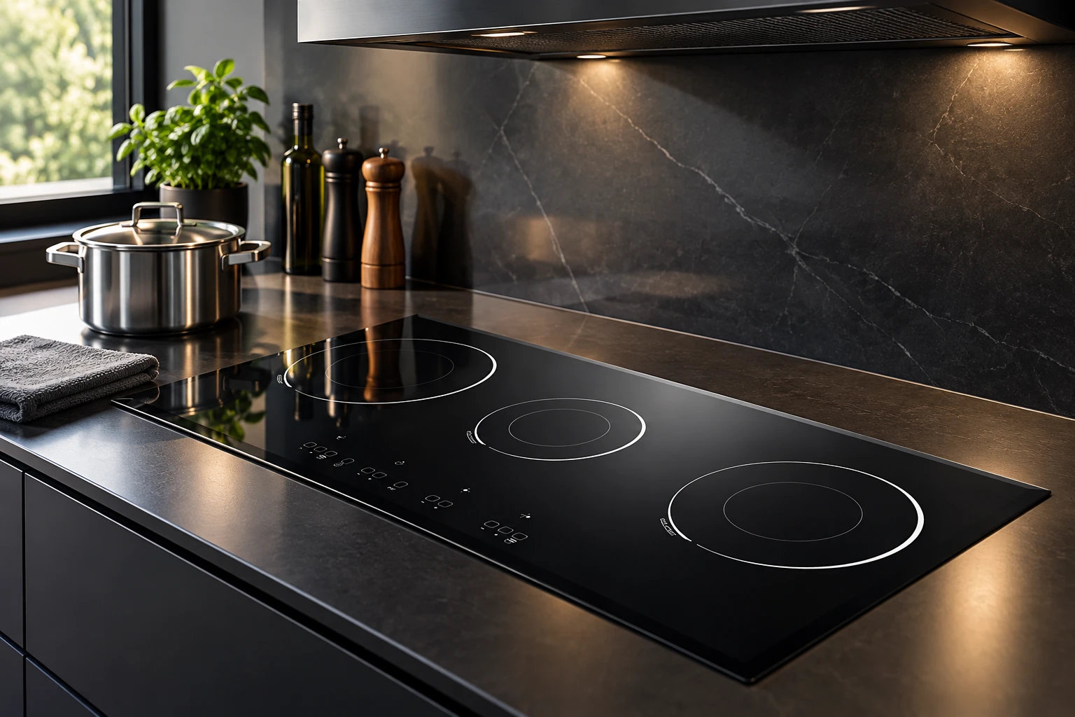 Unpowered dry black glass hob beneath a separate hood with cleaning cloth on adjacent counter