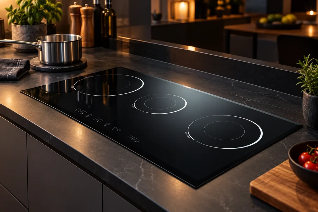 Induction Hob Fan Stays On After Cooking: Cooling or a Service Issue? — reference-based black glass-ceramic illustration