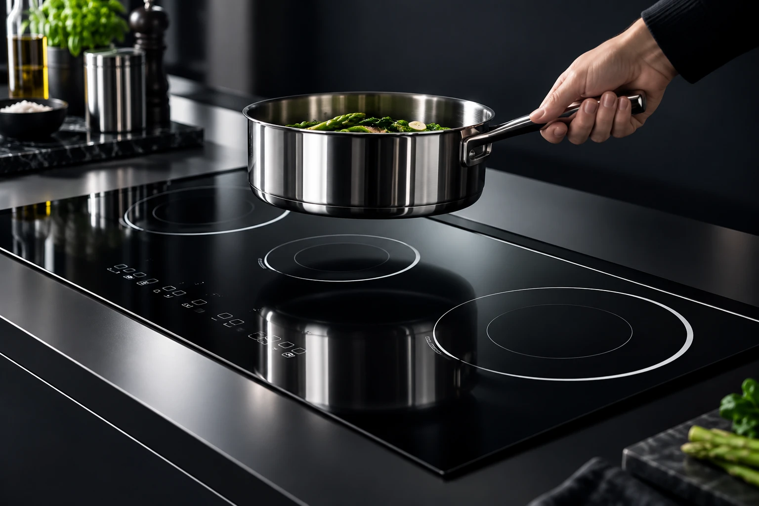 Cold stainless pan being lifted vertically from the black glass surface