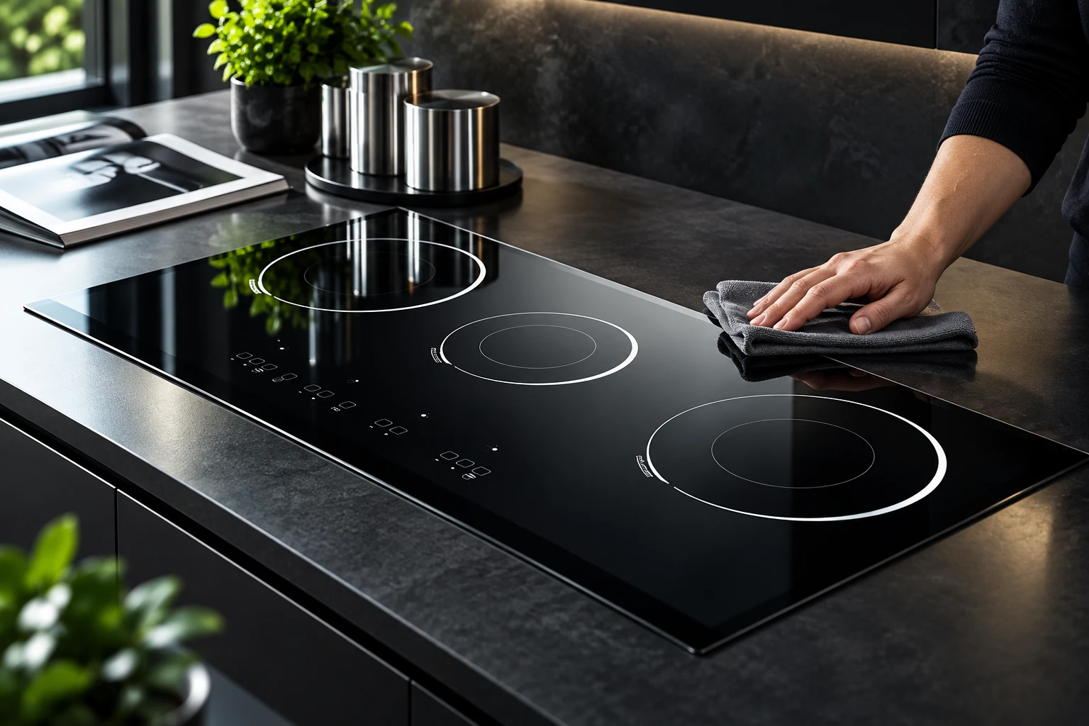 Cool hob inspection with microfiber and appliance instructions nearby