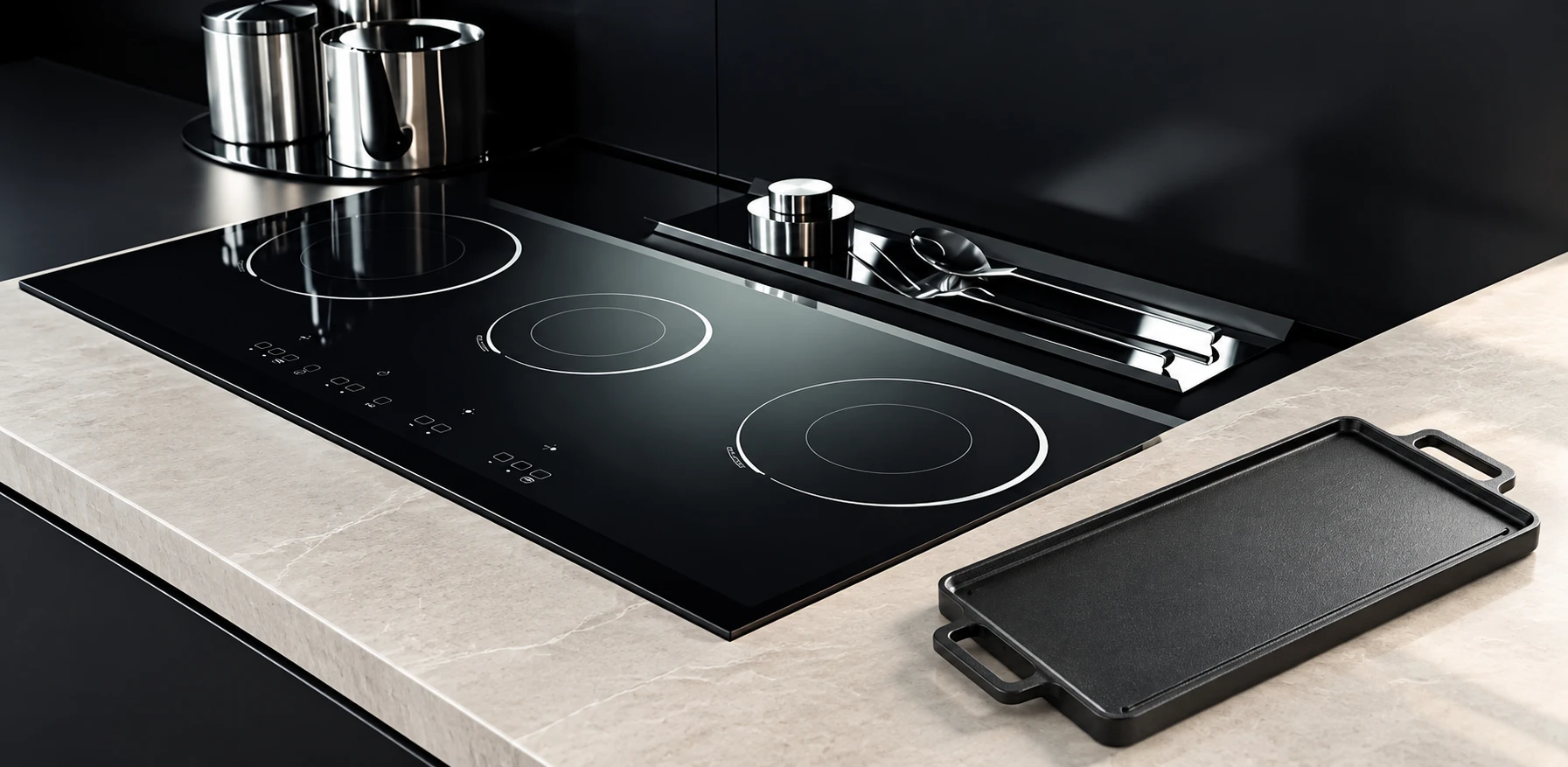 Griddle resting on the counter beside the reference-based glass hob