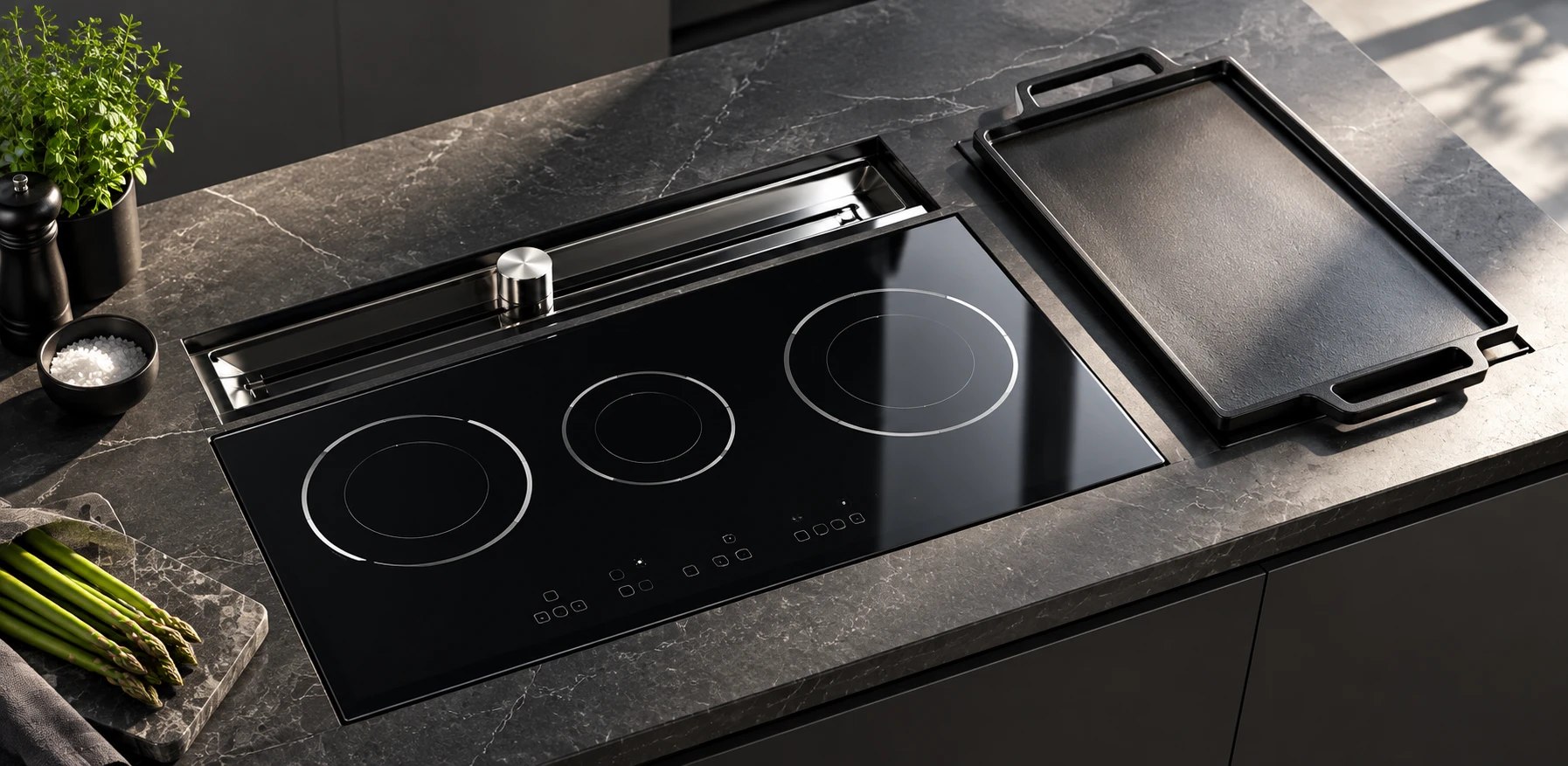 Cold griddle inspection alongside the black glass cooktop