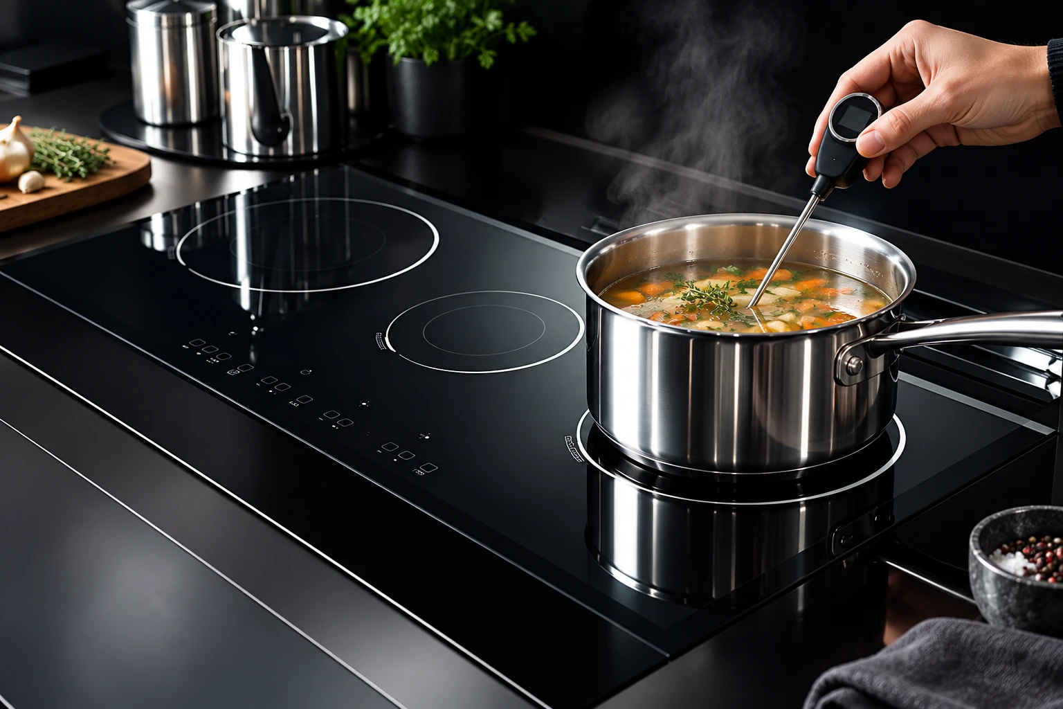 Food thermometer checking soup in a stainless saucepan on black glass