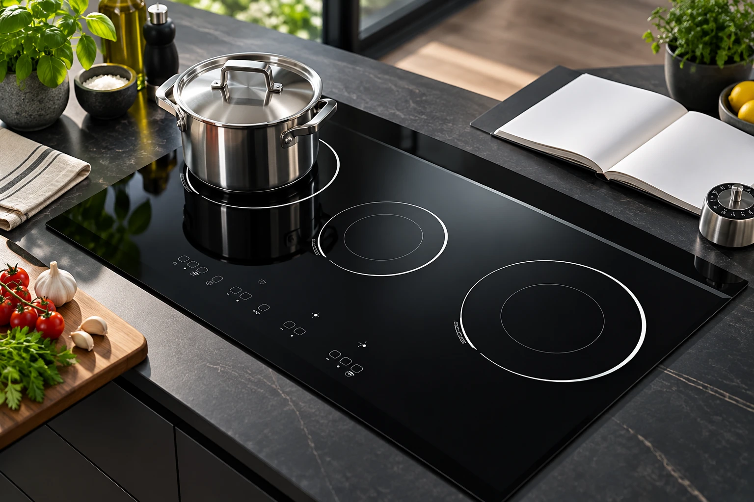 Lidded saucepan on black glass with a manual and timer on the adjacent counter