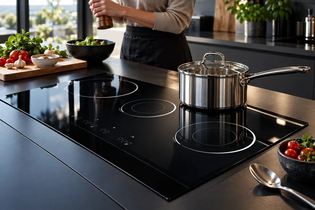 Induction Hob Keep Warm Function: Separate Gentle Heating from Safe Food Holding — reference-based black glass-ceramic illustration