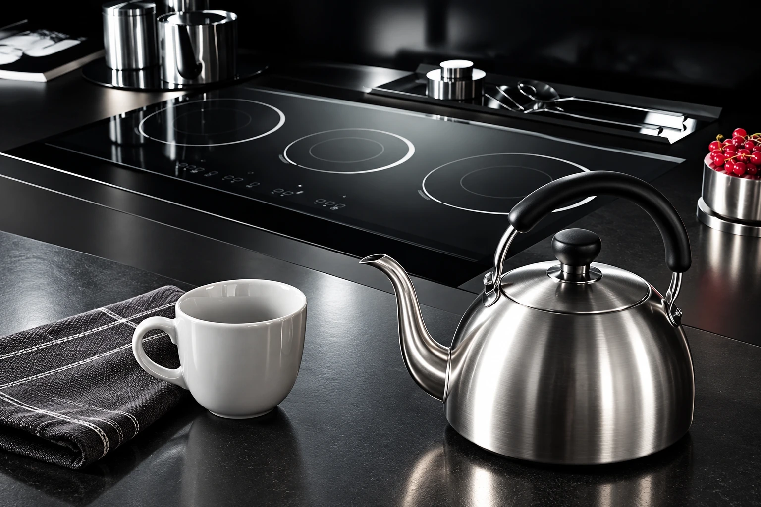 Cold kettle and empty mug arranged for a clear pouring route