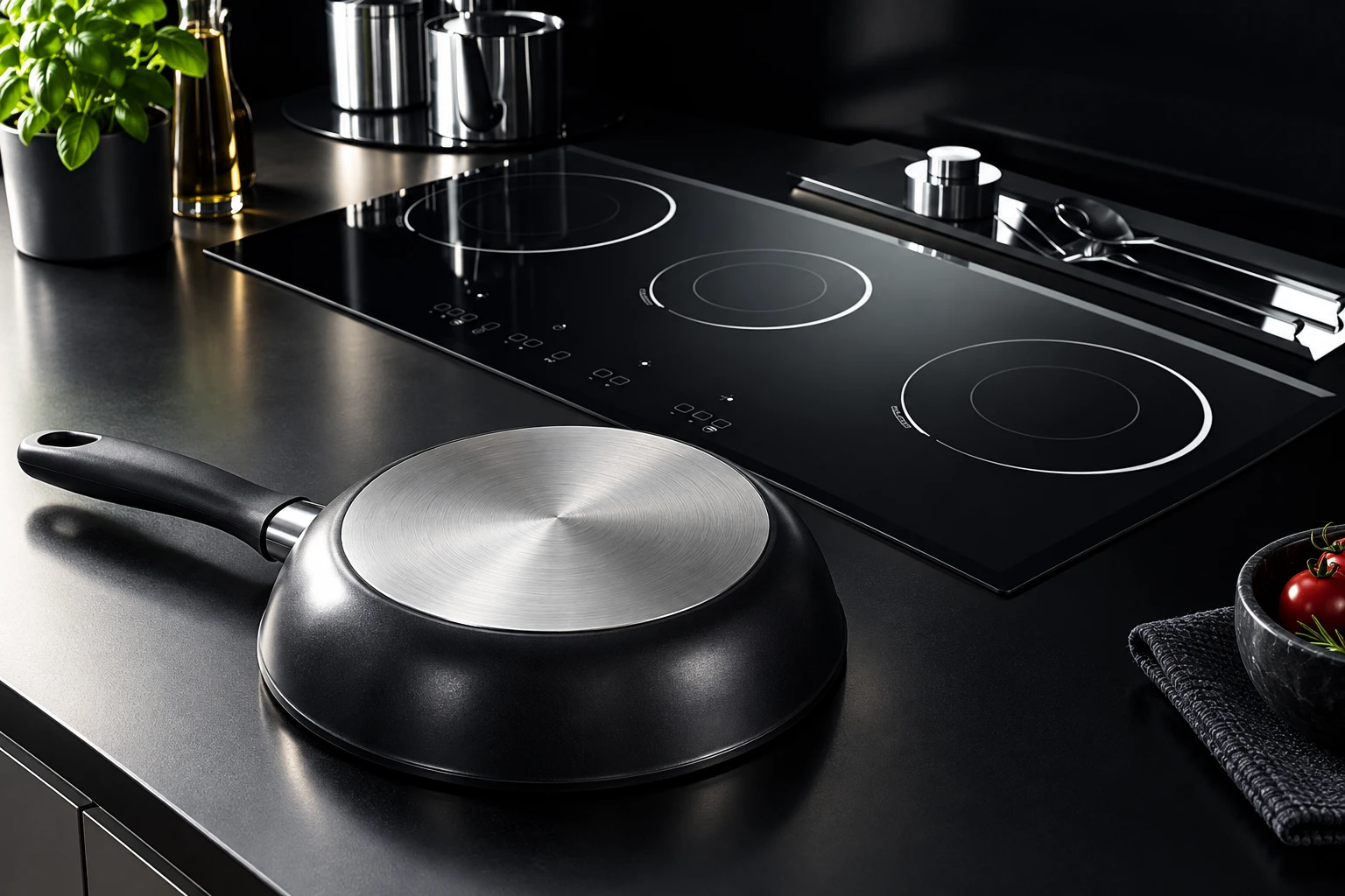 Cold coated pan with a plain magnetic base beside the black glass panel