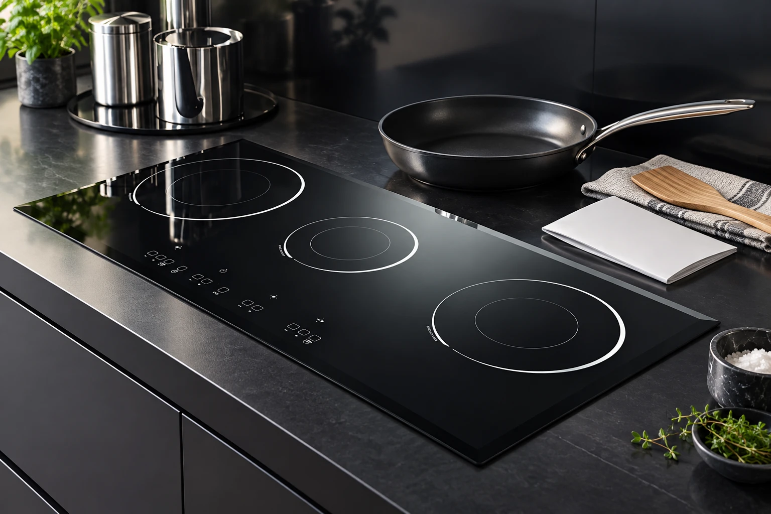 Coated pan, wooden utensil and blank care booklet beside the unpowered hob