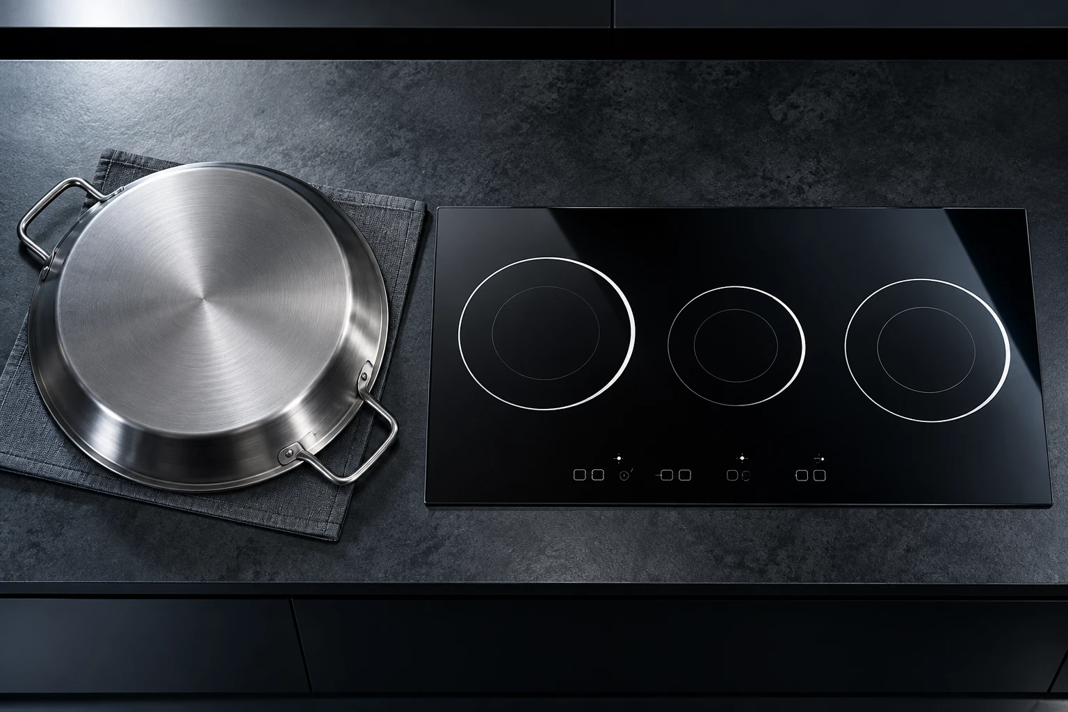 Paella pan underside and wide rim inspected beside the reference-based glass panel