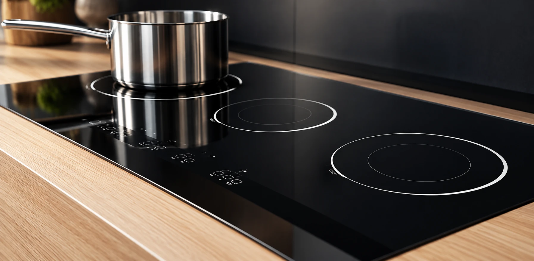 Cold saucepan with handle clear of the reference-based glass cooktop controls