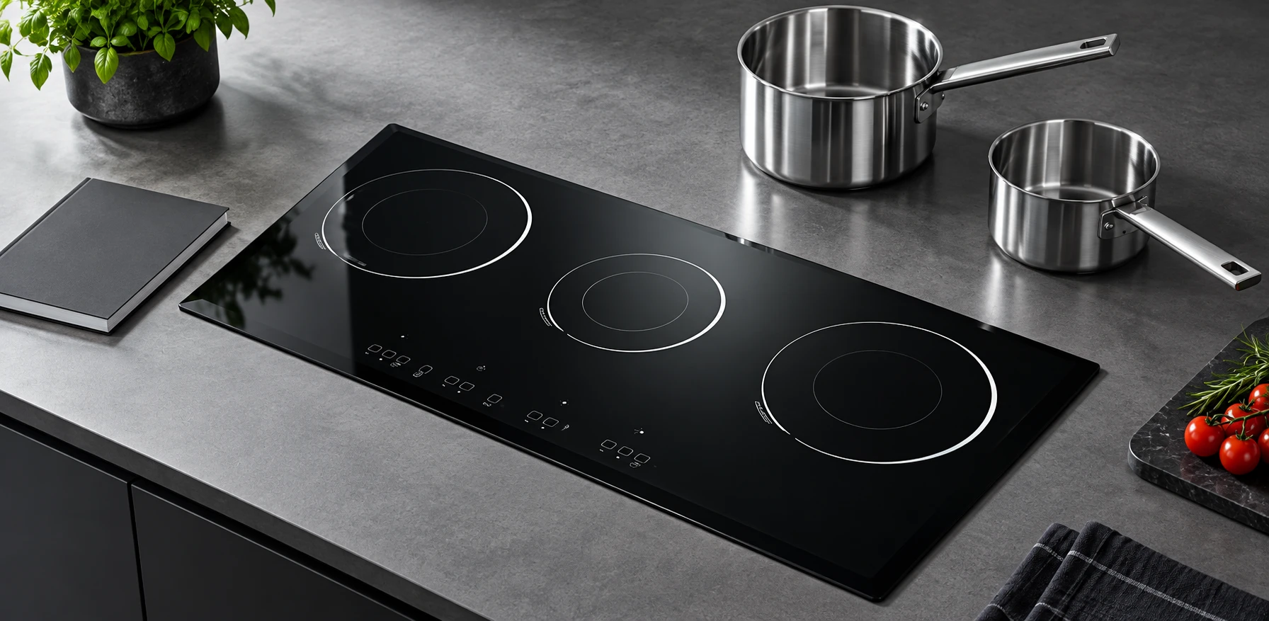 Cold cookware planning beside the reference-based black glass panel