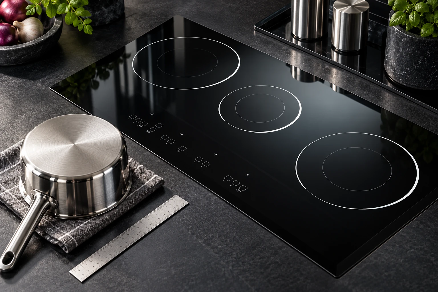 Cool black glass hob with an inverted pan on a protected counter for base inspection